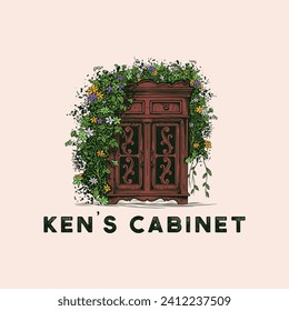 Cabinet hand drawn logo vintage with flower around it