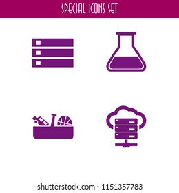 cabinet icon. 4 cabinet set with drawer, server and chemistry class flask with liquid for experimentation vector icons for web and mobile app