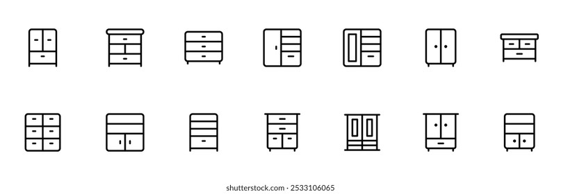 Ícone de gabinete, Gaveta, almirah, armário, peito de gavetas, design de conjunto de vetor ícone de móveis com Traço Editável. Linha, Sólido, Linha plana, estilo fino e Adequado para Página da Web, Aplicativo Móvel, UI, UX