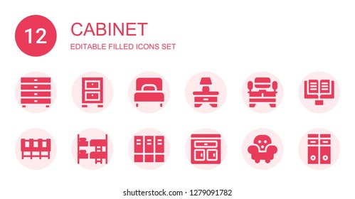 cabinet icon set. Collection of 12 filled cabinet icons included Drawers, Cabinet, Single bed, Bedside table, Tv table, Bunk, Archive, Furniture, Lectern, Archives