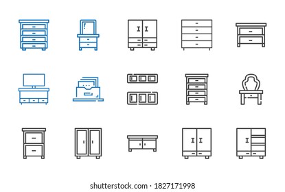 cabinet icons set. Collection of cabinet with closet, drawer, dressing table, cupboard, filing cabinet, chest of drawers. Editable and scalable icons.