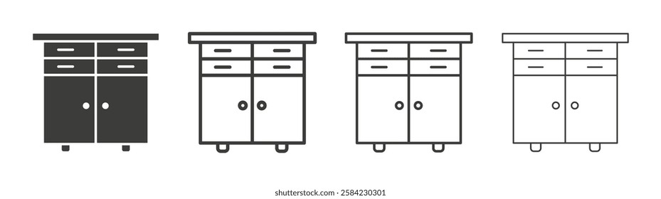 Cabinet icons set. Liner outlined and flat black color