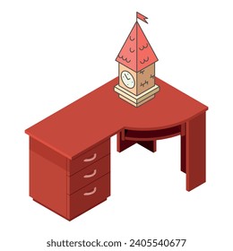 Cabinet interior icon isometric vector. Souvenir tower clock on wooden desk icon. Interior element, room design