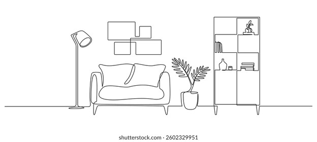 Cabinet with lamp and shelf with home plant in continuous one line drawing. Indoor furniture with frame for modern design in simple linear style. Editable stroke. Doodle oneline vector illustration