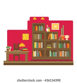 Cabinet and library. Books and knowledge. Vector flat illustration and icon set