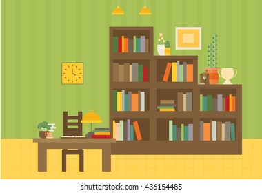 Cabinet and library. Books and knowledge. Vector flat illustration and icon set
