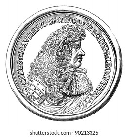 Cabinet of medals from the National Library. - Medal of the Duke of Montausier, vintage engraved illustration. Magasin Pittoresque 1875.