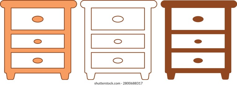 Cabinet nightstand vector graphics showing drawers and handles for bedroom decor and interior storage solutions.