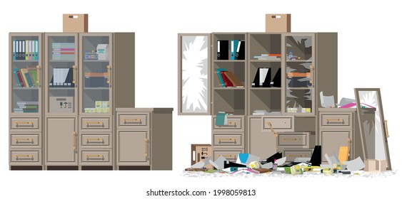 Cabinet office new and old, whole and varnol. Vector illustration, flat.