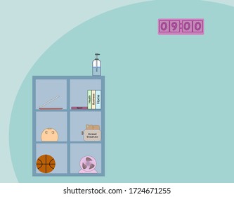 Cabinet is on the left side and there are laptop, books, piggy bank, bread toaster, basketball, and mini fan. There is alcohol gel on the top. On the wall, there is digital clock. Minimal and pastel. 