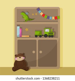 Cabinet with open shelves. There are children's toys on the shelves: a green ship with a car, a mechanical dinosaur and several books. Next to the closet is a teddy bear
