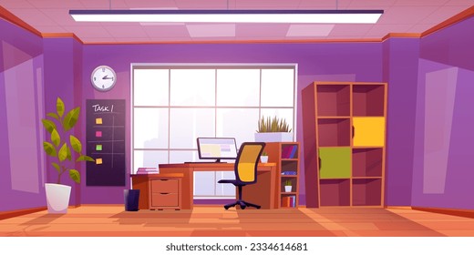 Cabinet room interior with window at home vector background. Modern empty office with workplace cartoon illustration. Chair, table, computer monitor and shelf for corporate workspace environment