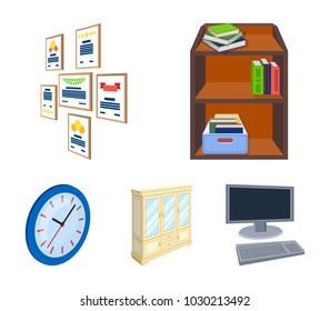 Cabinet, shelving with books and documents, frames on the wall, round clocks. Office interior set collection icons in cartoon style isometric vector symbol stock illustration web.