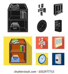 Cabinet, shelving with books and documents, frames on the wall, round clocks. Office interior set collection icons in black,flat style isometric vector symbol stock illustration web.