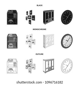 Cabinet, shelving with books and documents, frames on the wall, round clocks. Office interior set collection icons in black,monochrome,outline style isometric vector symbol stock illustration web.
