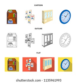 Cabinet, shelving with books and documents, frames on the wall, round clocks. Office interior set collection icons in cartoon,outline,flat style isometric vector symbol stock illustration web.