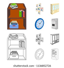 Cabinet, shelving with books and documents, frames on the wall, round clocks. Office interior set collection icons in cartoon,outline style isometric vector symbol stock illustration web.