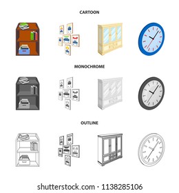 Cabinet, shelving with books and documents, frames on the wall, round clocks. Office interior set collection icons in cartoon,outline,monochrome style isometric vector symbol stock illustration web.
