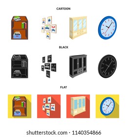Cabinet, shelving with books and documents, frames on the wall, round clocks. Office interior set collection icons in cartoon,black,flat style isometric vector symbol stock illustration web.