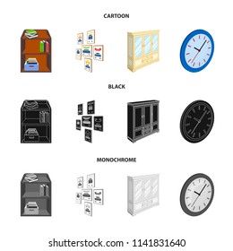 Cabinet, shelving with books and documents, frames on the wall, round clocks. Office interior set collection icons in cartoon,black,monochrome style isometric vector symbol stock illustration web.