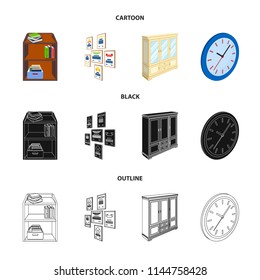 Cabinet, shelving with books and documents, frames on the wall, round clocks. Office interior set collection icons in cartoon,black,outline style isometric vector symbol stock illustration web.