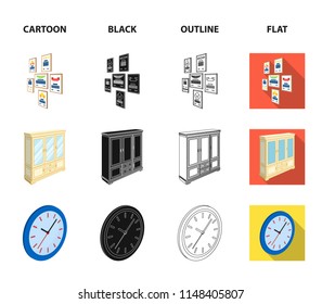 Cabinet, shelving with books and documents, frames on the wall, round clocks. Office interior set collection icons in cartoon,black,outline,flat style isometric vector symbol stock illustration web.