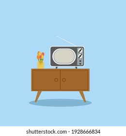 Cabinet with a TV and a vase of flowers Living room design. Vector illustration