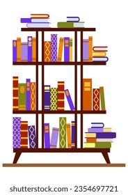 Cabinet with vintage books, isolated on a white background. Vector illustration of bookshelves with old books in a flat cartoon style.