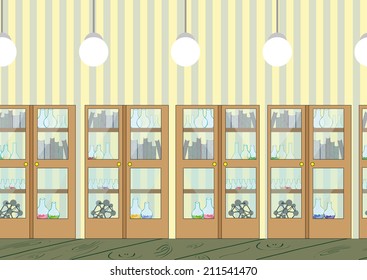Cabinets with flasks, test tubes and books in the office of science.seamless pattern