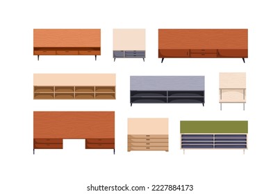 Cabinets, shelving units, storage furniture set, top above view. TV stands, chest of drawers, buffets, nightstands designs overhead. Colored flat vector illustrations isolated on white background