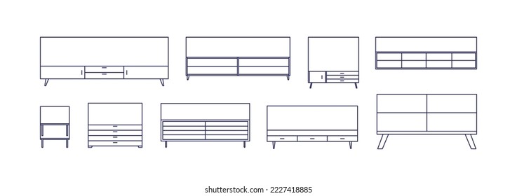 Cabinets, shelving units, TV stands, chest of drawers top view. for contoured interior layout. Storage furniture overhead for floor plan map. Flat vector illustrations isolated on white background