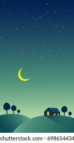 Cabin,hut on the hills in the night with stars comet and crescent moon.Vector illustration.