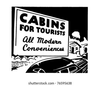 Cabins For Tourists - Retro Ad Art Banner