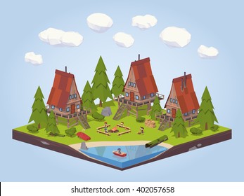 Cabins in the woods near the lake. 3D lowpoly isometric vector concept illustration