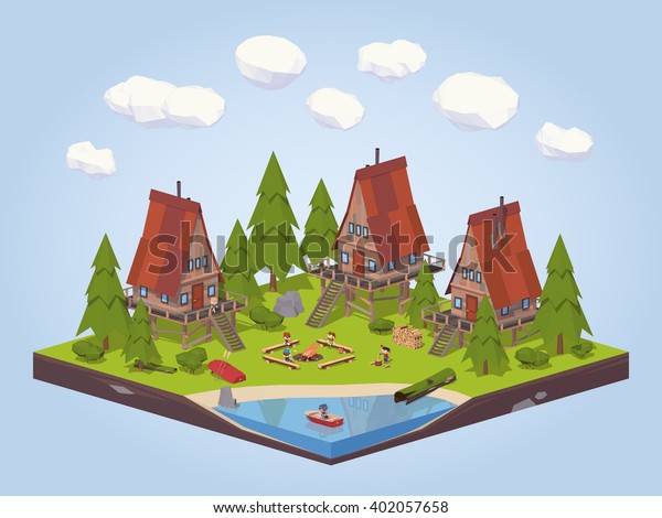 Cabins Woods Near Lake 3d Lowpoly Stock Vector Royalty Free