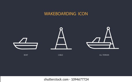Cable, boat, all terrain wakeboard line icon set 