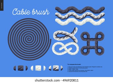 Cable brush - rope element vector brush with end elements, and few usage examples - knots, loops, frames.