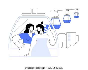 Cable car abstract concept vector illustration. Friends enjoying the view and taking selfie in cable car, urban transportation, public transport, happy vacation together abstract metaphor.