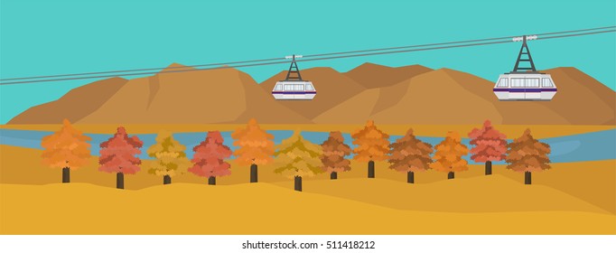Cable car in autumn season with lake and mountain in the background. landscape vector