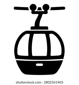 Cable car black silhouette icon isolated on white background. Minimal bold travel illustration with gondola cabin, large windows, roof grip, support bar, and clean cutout details for mountain, ski resort, sticker, label, logo, and cutting file design.
