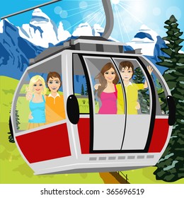 cable car or booth carrying passengers in the mountains in summertime