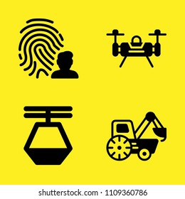 cable car cabin, loader, drone and fingerprint vector icon set. Sample icons set for web and graphic design