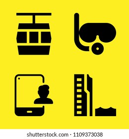 cable car cabin, via ferrata, tablet and diving goggles vector icon set. Sample icons set for web and graphic design