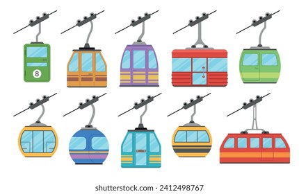 Cable car cableway funicular cabin electrical aerial mountain transport set vector flat illustration. Alpine destination lift transportation with door and window hill elevation ropeway ski elevator