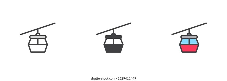 Cable car different style icon set. Line, glyph and filled outline colorful version, outline and filled vector sign. Gondola lift symbol, logo illustration. Vector graphics