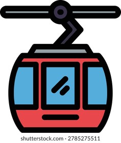 Cable car fill icon. A vibrant red gondola cabin ascends, representing mountain adventures and scenic travel. This aerial tramway symbolizes high-altitude excursions, winter sports resorts, and exciting vacation journeys.