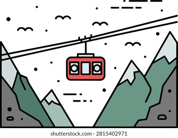 Cable Car Gondola over Snowy Mountain Landscape Vector