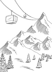 Câble Voiture Graphique Montagne Noir Blanc Paysage Croquis Illustration Vectorielle Verticale 