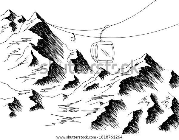 Cable car graphic mountain black white landscape\
sketch illustration\
vector