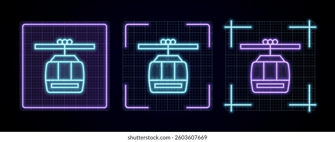 Cable car illustration, cyber neon visual, glowing border grid vector.	